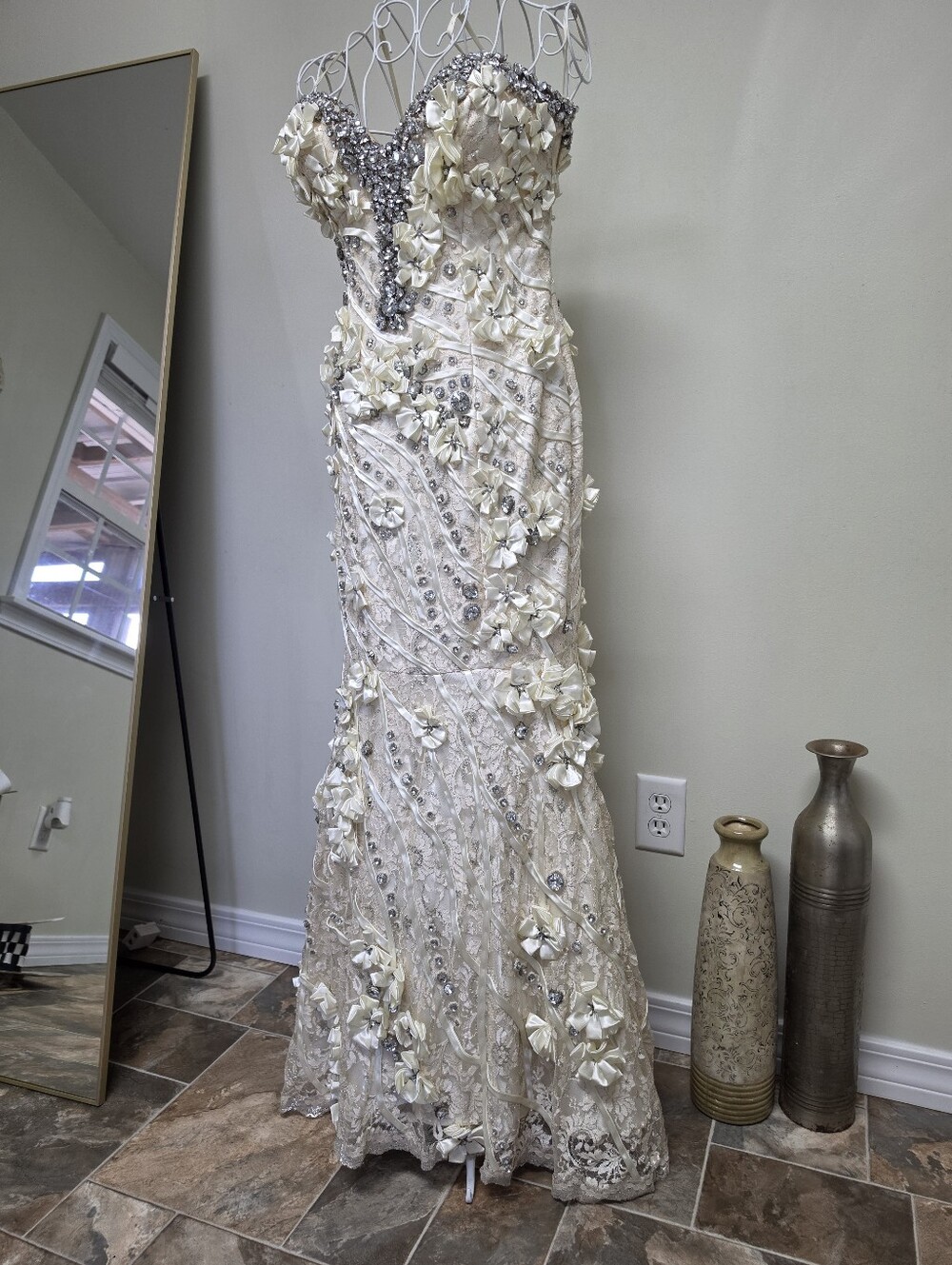 Elegant OOAK Couture Ivory Floral Appliqué Gown with Crystal Accents - Picture 12 of 12